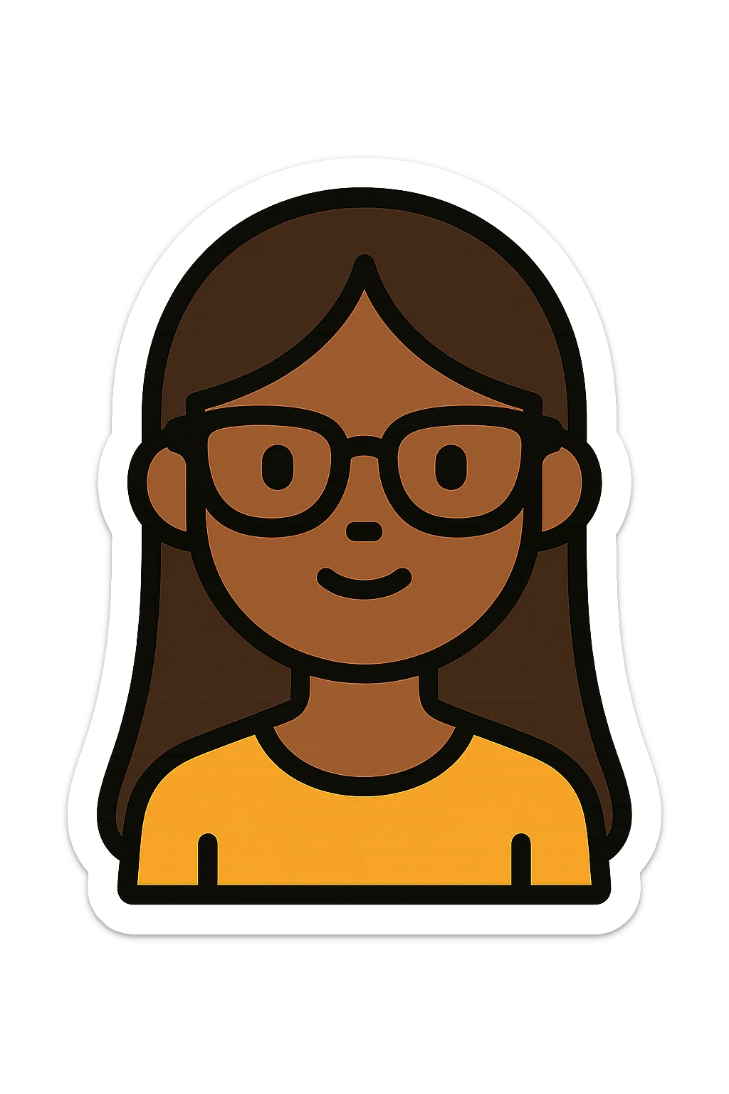 young brown girl with long dark brown hair, dark brown eyes, wearing black squared cat eye glasses sticker