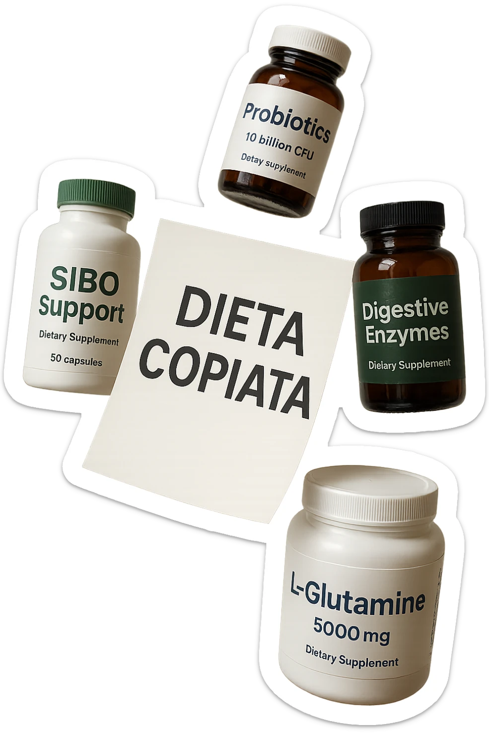 FOGLIO DI CARTA FLUTTUA IN ARIA CON LA SCRITTA "DIETA COPIATA", INSIEME A BARATTOLI DI INTEGRATORI PER CURARE IL SIBO IN ITALIANO, IPERREALISTICO 4K, NON DISEGNATO sticker