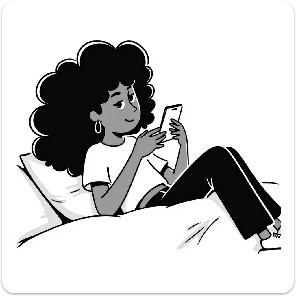 Brown-skinned teenage girl with curly black hair lying on bed looking at cellphone, heavy makeup, big lips, tight crop top, hoop earrings, choni style urban clothing sticker