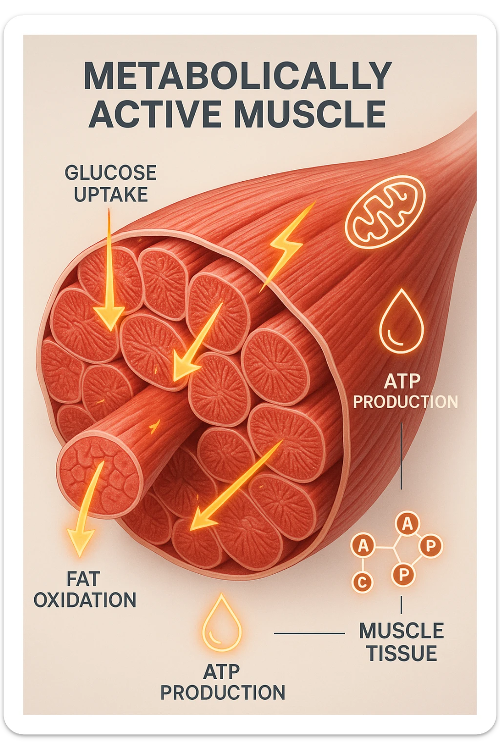 a highly detailed cross-section of human skeletal muscle fibers, shown in vibrant red and pink tones, with visible striations and realistic texture. Glowing arrows and animated icons represent active metabolic processes—such as glucose uptake, fat oxidation, and ATP production—occurring within the muscle tissue. Surrounding the muscle, floating symbols for mitochondria and energy highlight its metabolic activity. The background is clean and clinical, with subtle labels and infographics explaining that muscle is a metabolically active tissue. The overall style is modern, scientific, and visually engaging, suitable for educational or medical use. sticker