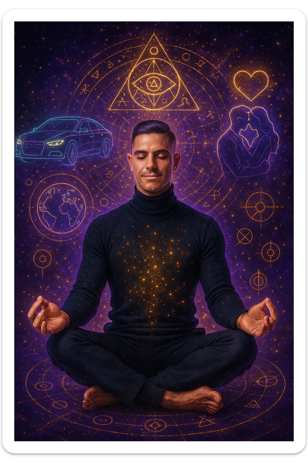 "Un uomo in meditazione fluttuante nello spazio cosmico, circondato da particelle dorate e simboli alchemici. Intorno a lui, oggetti e situazioni dei suoi desideri (auto, viaggi, amore) si materializzano come ologrammi luminosi. Stile cyber-mistico, colori viola e oro." sticker