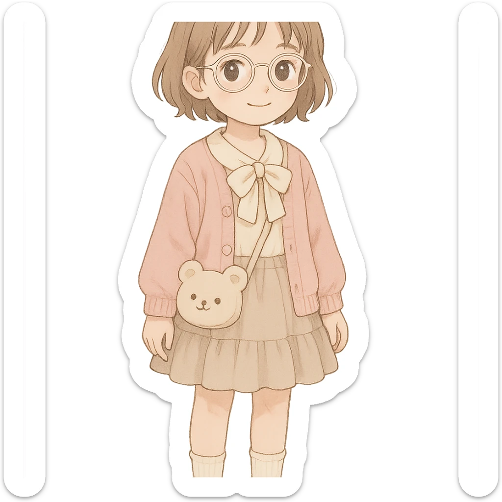 10 year old girl with clear glasses and short light brown hair, cute core style sticker