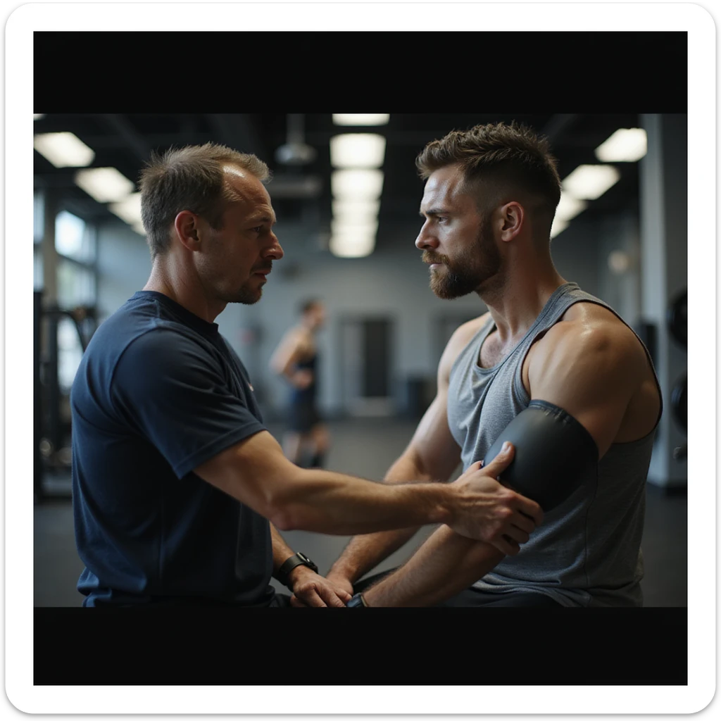 hyperrealistic 4K scene of coach measuring athlete's blood pressure in gym, both focused, professional atmosphere, detailed sticker