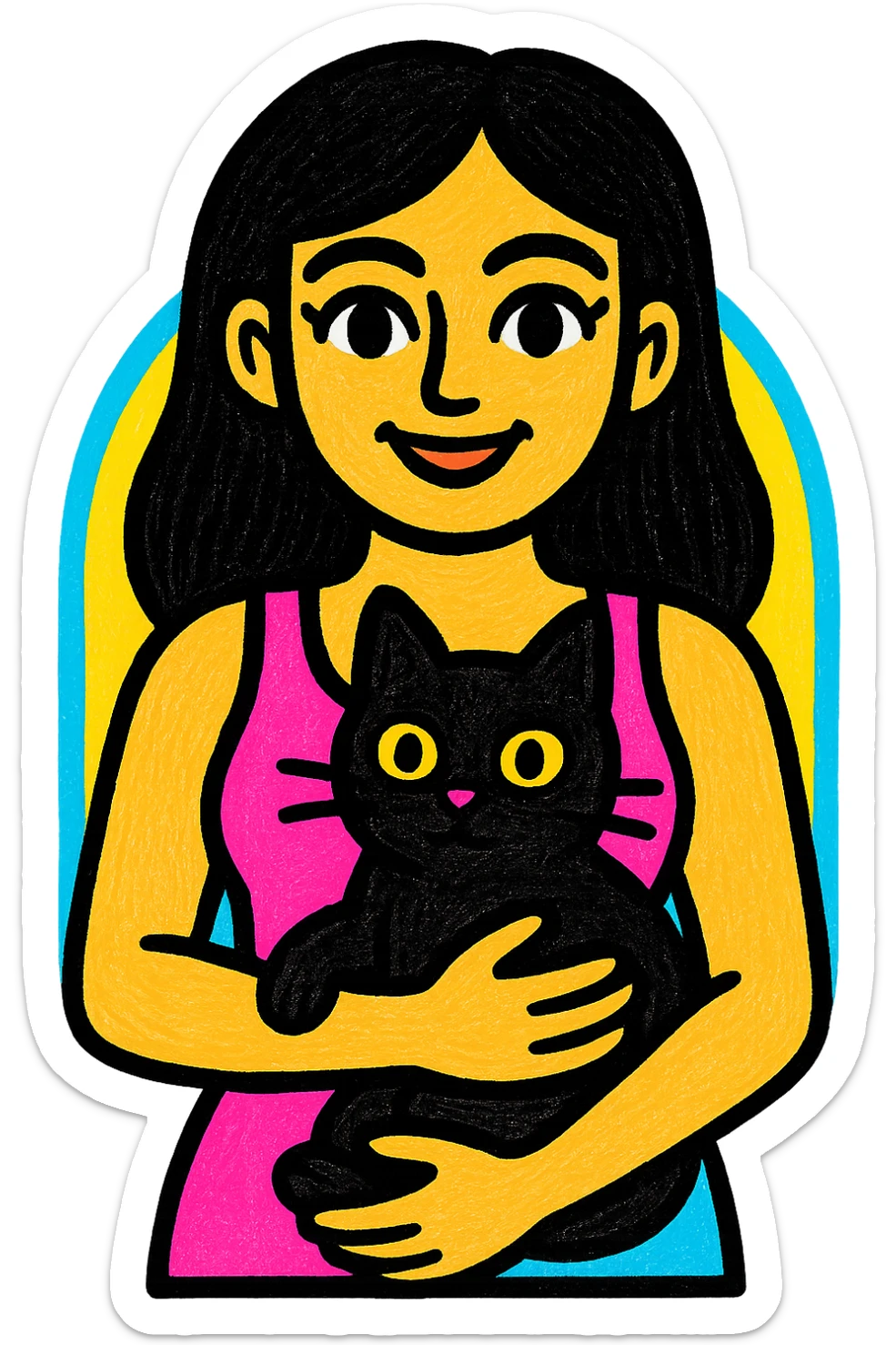 pretty woman with black hair and brown eyes, wearing a pink tank top, holding a black cat, vibrant and colorful style sticker