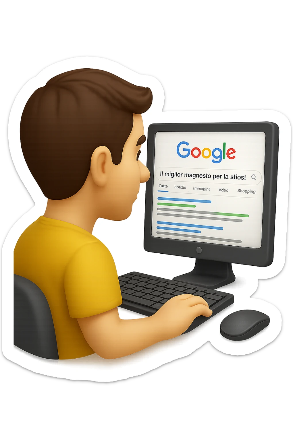 emoji stile iphone di un uomo davanti al pc che cerca di google: "Il miglior magnesio per la stipsi", iperrealistico 4k sticker