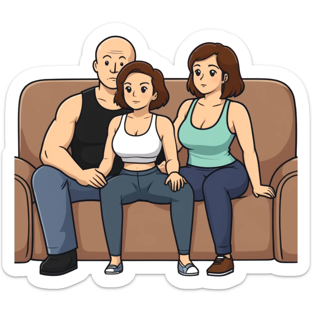 One Caucasian woman with brown hair big boobs wearing pants and a tank top, kneeling on a couch next to a sitting bald man. sticker