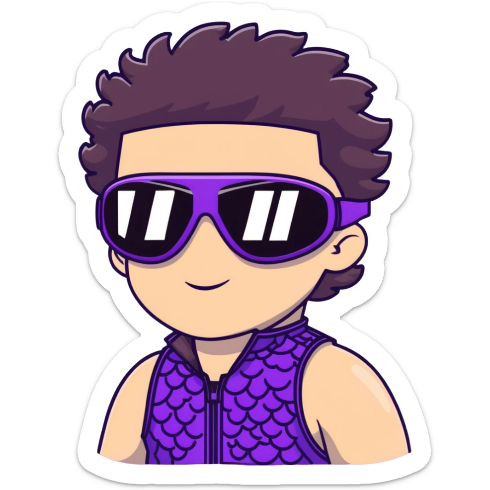 close-up of male athlete with white skin and moderately curly dark brown hair on top with shaved sides, wearing ski goggles with purple frames and very dark black lenses, a simple plain black chain necklace, and a completely unzipped sleeveless vest with purple and black sequin fire pattern design with no logo, frame centered on face and upper chest sticker