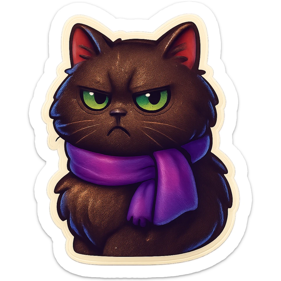 Fluffy grumpy cute dark-brown cat with green eyes and a purple scarf sticker