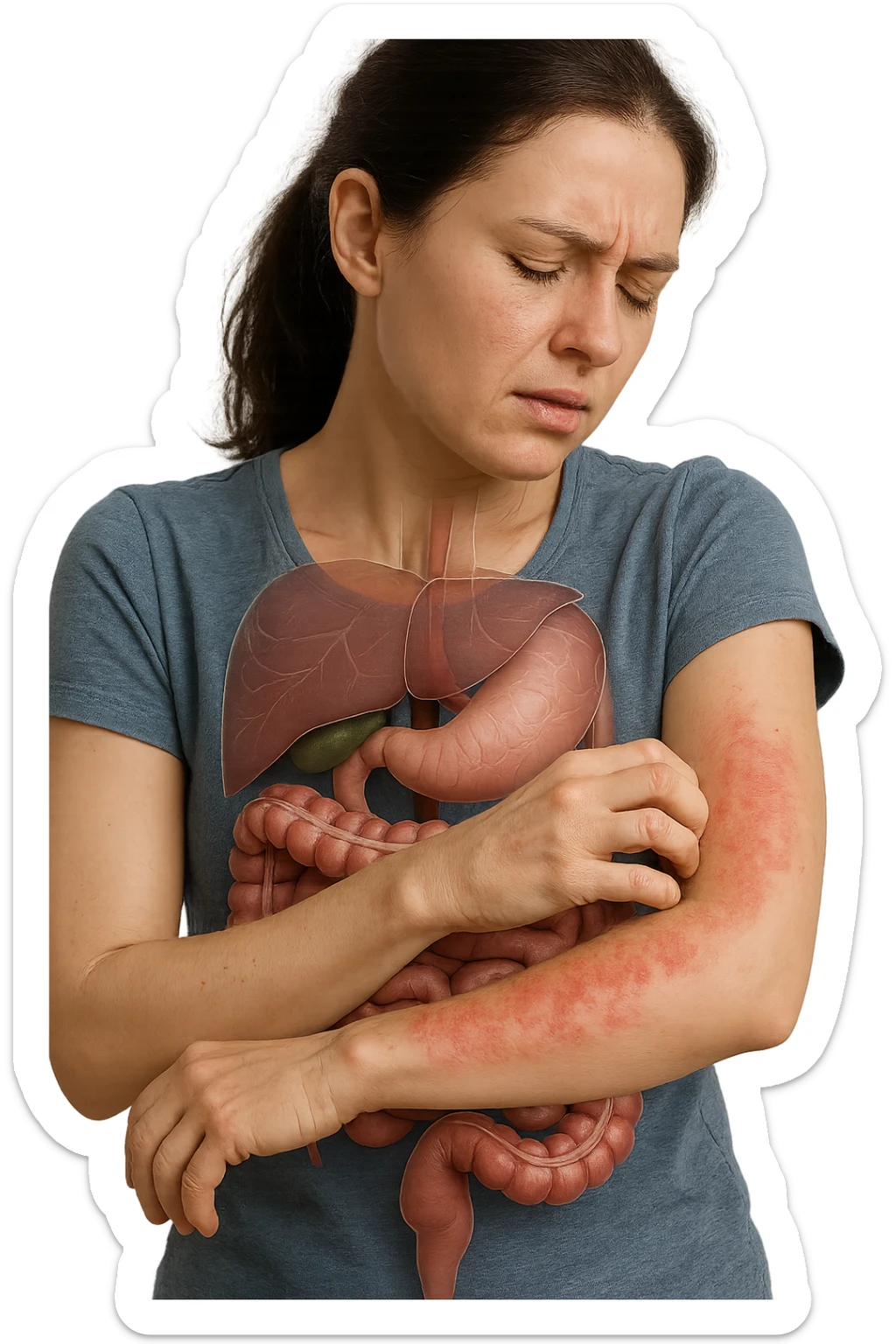 donna con intestino umano anatomico realistico che si gratta il braccio su cui ha un'eritema, iperrealistica 4k sticker