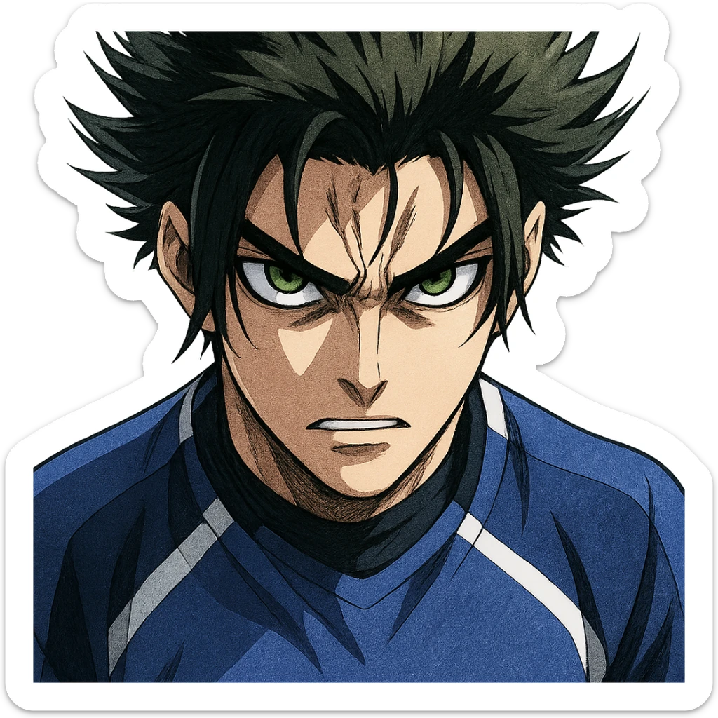 Don Lorenzo from Blue Lock, close-up portrait, intense gaze, anime style, blue and white soccer jersey, spiky hair, no background sticker