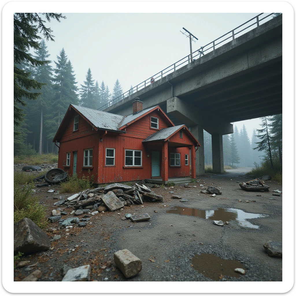  a screenshot of a location in a videogame  the image of the scene consists of:  [above-ground vacant train freeway partially collapsed], a red 1980's construction mansionesque wooden motel painted red, surrounded by war-torn pollution wreckage, wooded area sticker