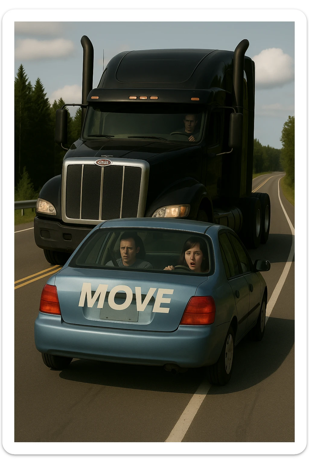 Remove the year 2026 from the black truck, add a visible person inside the car in front, keep the truck black and the rest of the scene the same. sticker