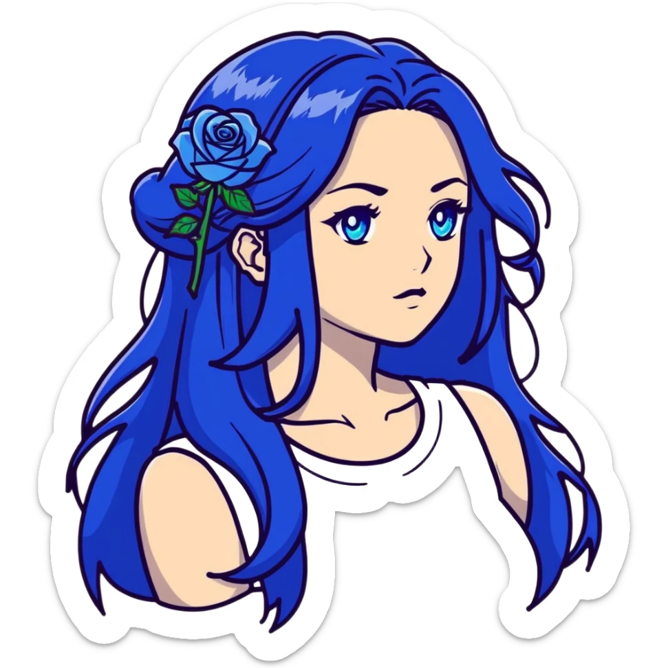 head portrait of anime girl with long dark blue hair, blue rose in hair, blue eyes, JoJo's Bizarre Adventure art style, dramatic look, head only sticker