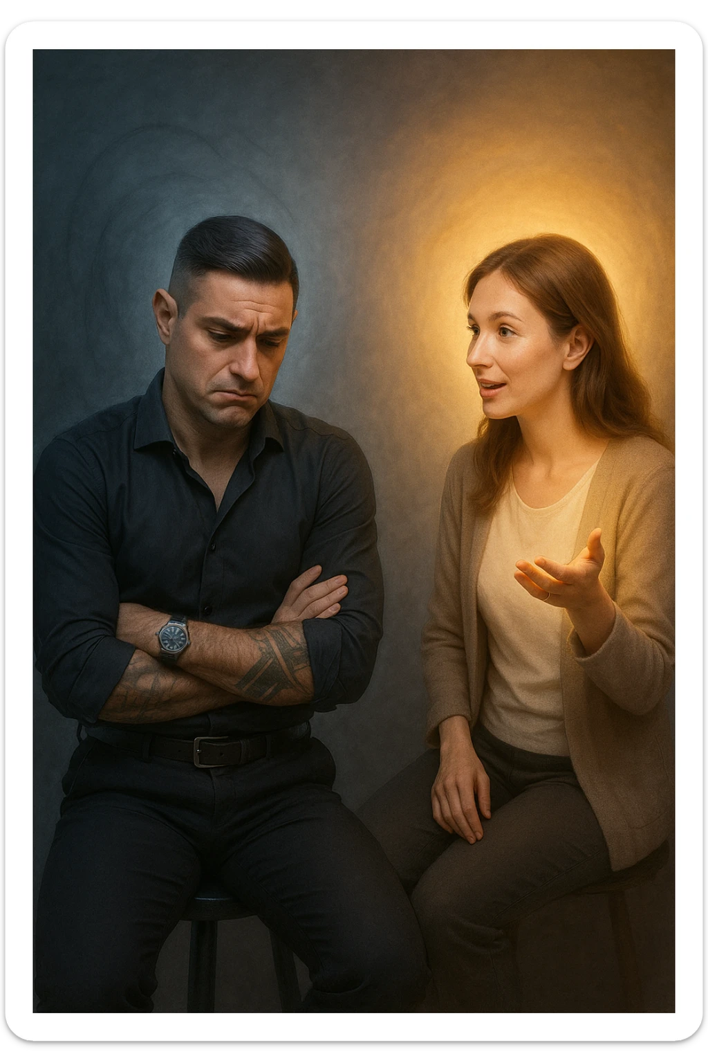 Uomo tra i 30 e i 40 anni seduto su una sedia, sguardo dubbioso, con le mani incrociate in grembo. Di fronte a lui, una donna calma e gentile gli parla e gli offre una soluzione con gesto aperto. Intorno a lei, un’aura luminosa. Intorno a lui, la sua aura maschile si affievolisce, come se stesse perdendo forza interiore. L’uomo appare indeciso, la postura è passiva. Ambientazione neutra, toni simbolici, atmosfera silenziosa. Luci fredde e calde in contrasto. Stile realistico con accenti metaforici sticker
