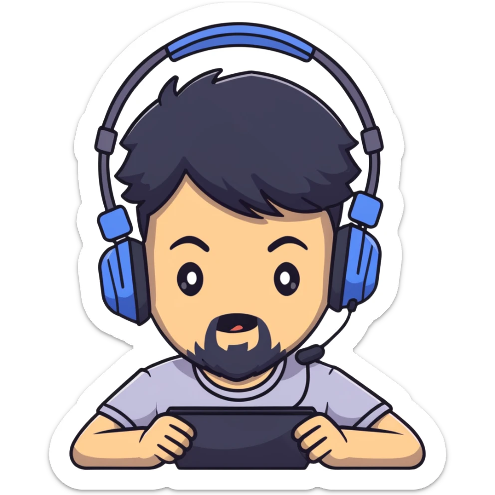 Anime-style character with black hair, brown eyes, black beard, and gaming headset, Japanese animation style sticker