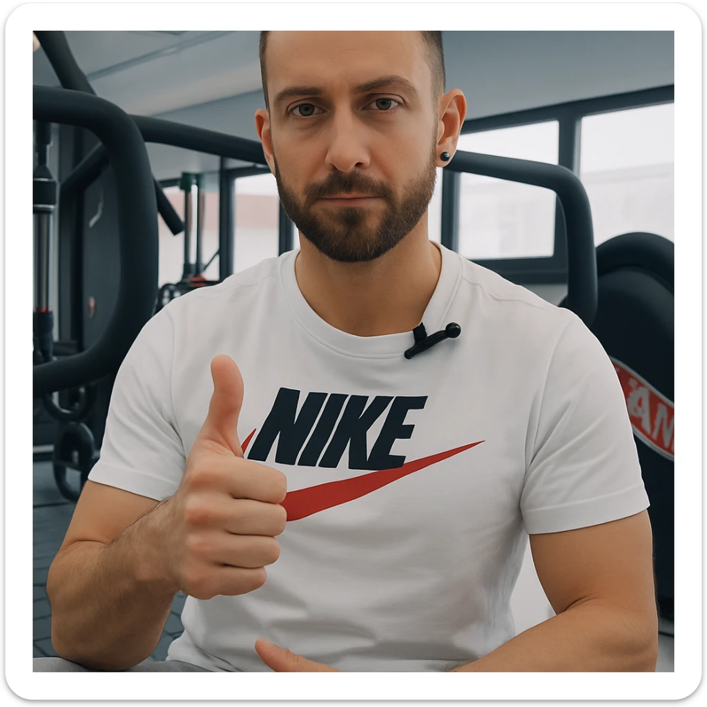 The man in the photo is making the OK gesture with his thumb up, showing a serious but positive expression, in a gym environment, photorealistic style. sticker