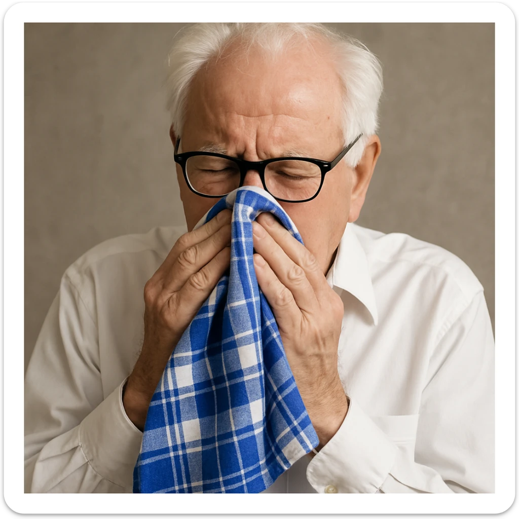 old man with white hair, white skin, black-framed glasses, wearing a white shirt, blowing his nose on a large thick blue and white checkered handkerchief sticker
