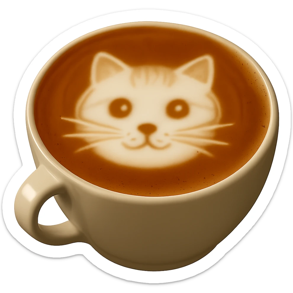 Add a cat face latte art design on top of the latte, keeping realistic texture and gentle lighting, with no background. Maintain the realistic style and texture of the original image. sticker