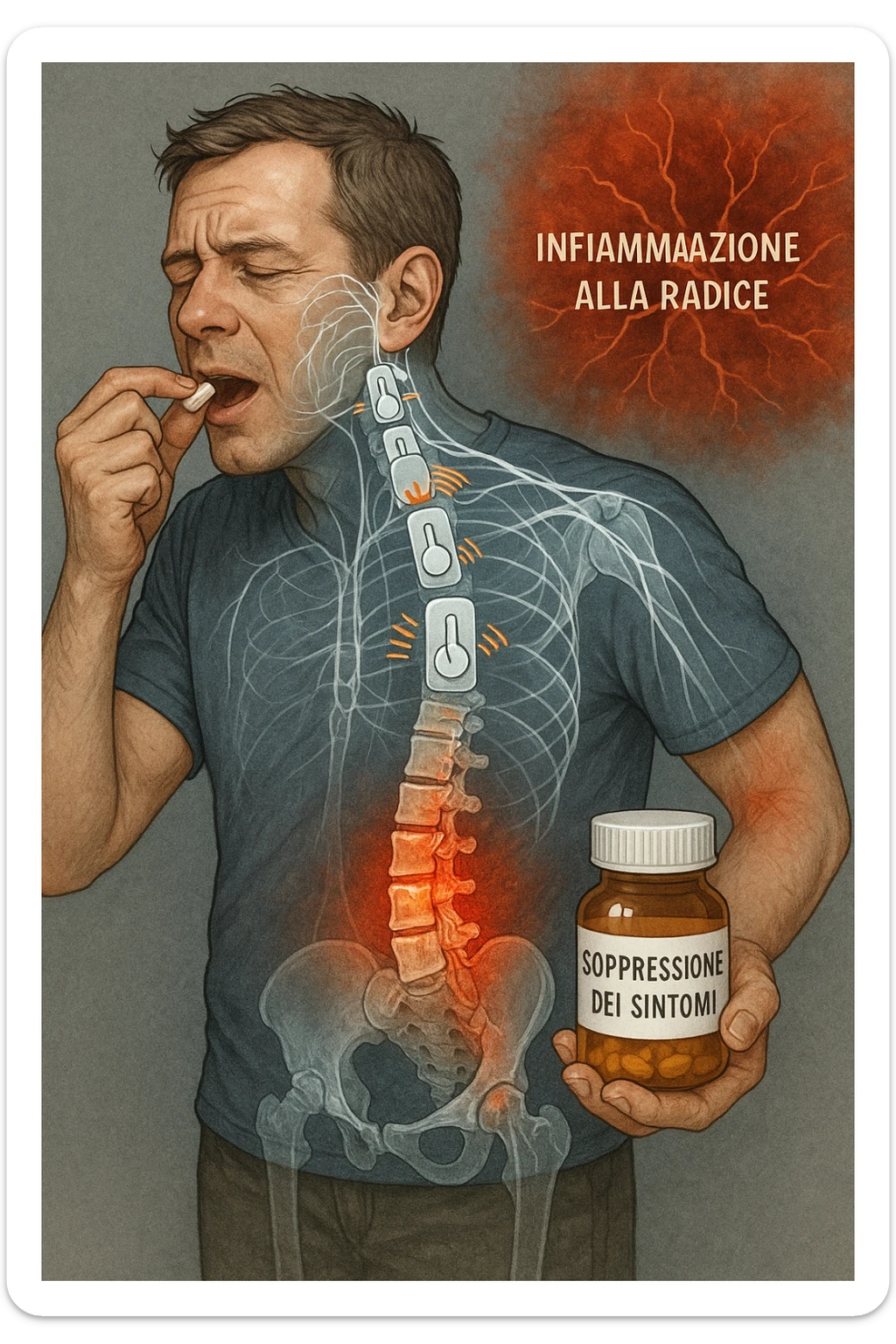 Man taking pain medication for chronic back pain, pills shown as dimmer switches turning down pain signals in transparent nervous system overlay, underlying spinal damage remaining completely untreated and worsening, expression of temporary relief masking progressive deterioration, medication bottle labeled 'symptom suppression' not 'cure', root cause inflammation continuing to spread in italiano sticker