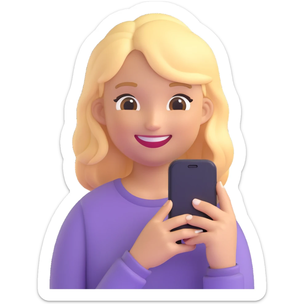 girl holding a smartphone, smiling, emoji style, with blonde hair sticker