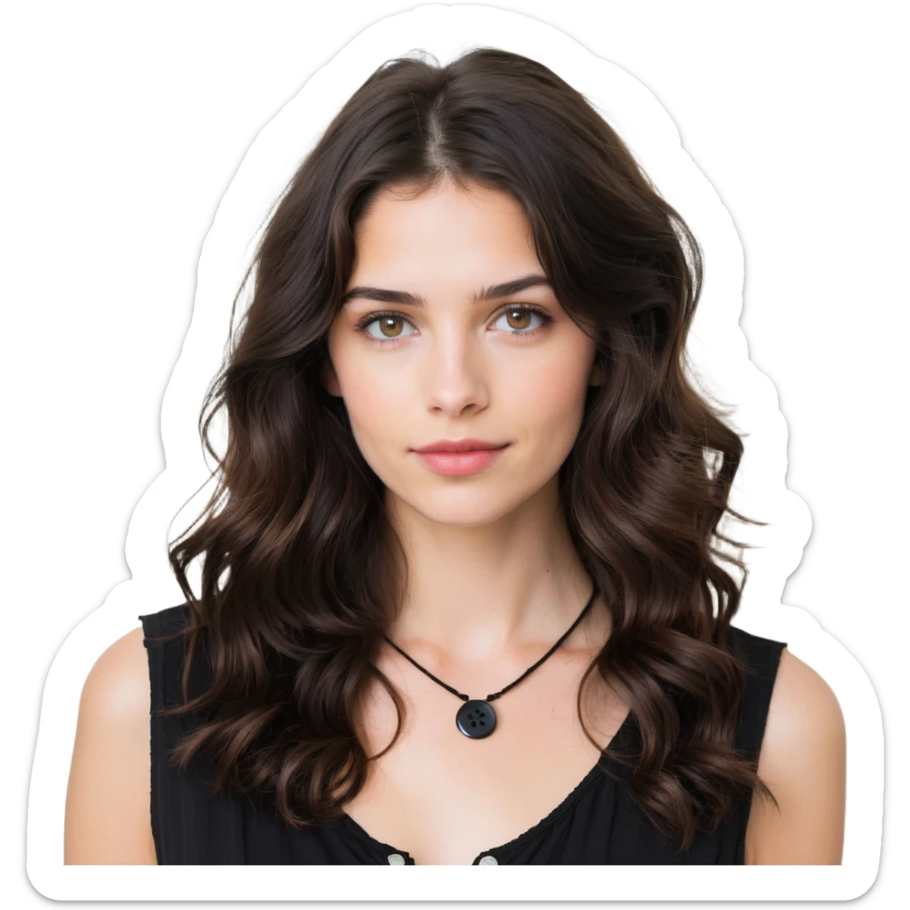 27 year old Caucasian woman with fair skin, brown eyes, long wavy dark brown hair, wearing a black top with a button sticker