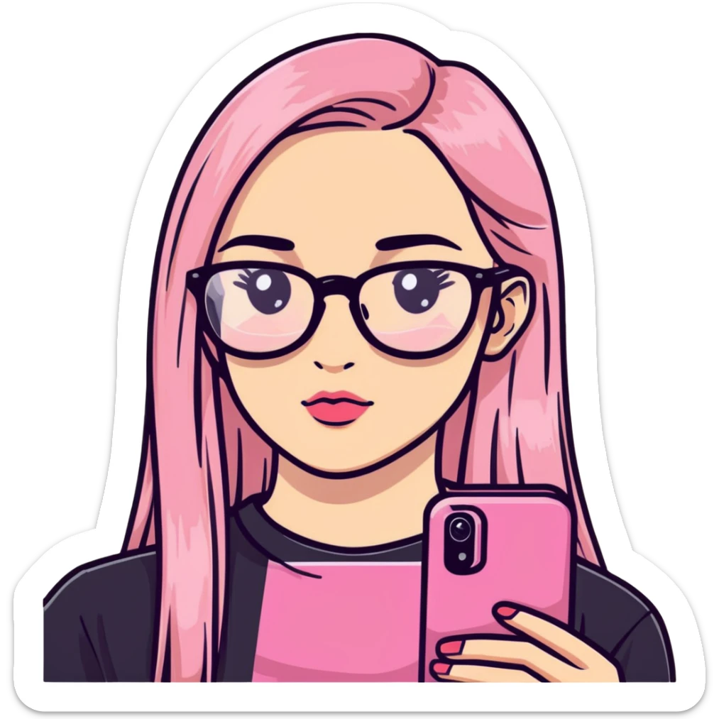 Teenage girl taking a selfie in a school bathroom. Long straight blonde hair with pink dye, rectangular glasses, black shirt, neutral expression with slightly glossy lips sticker