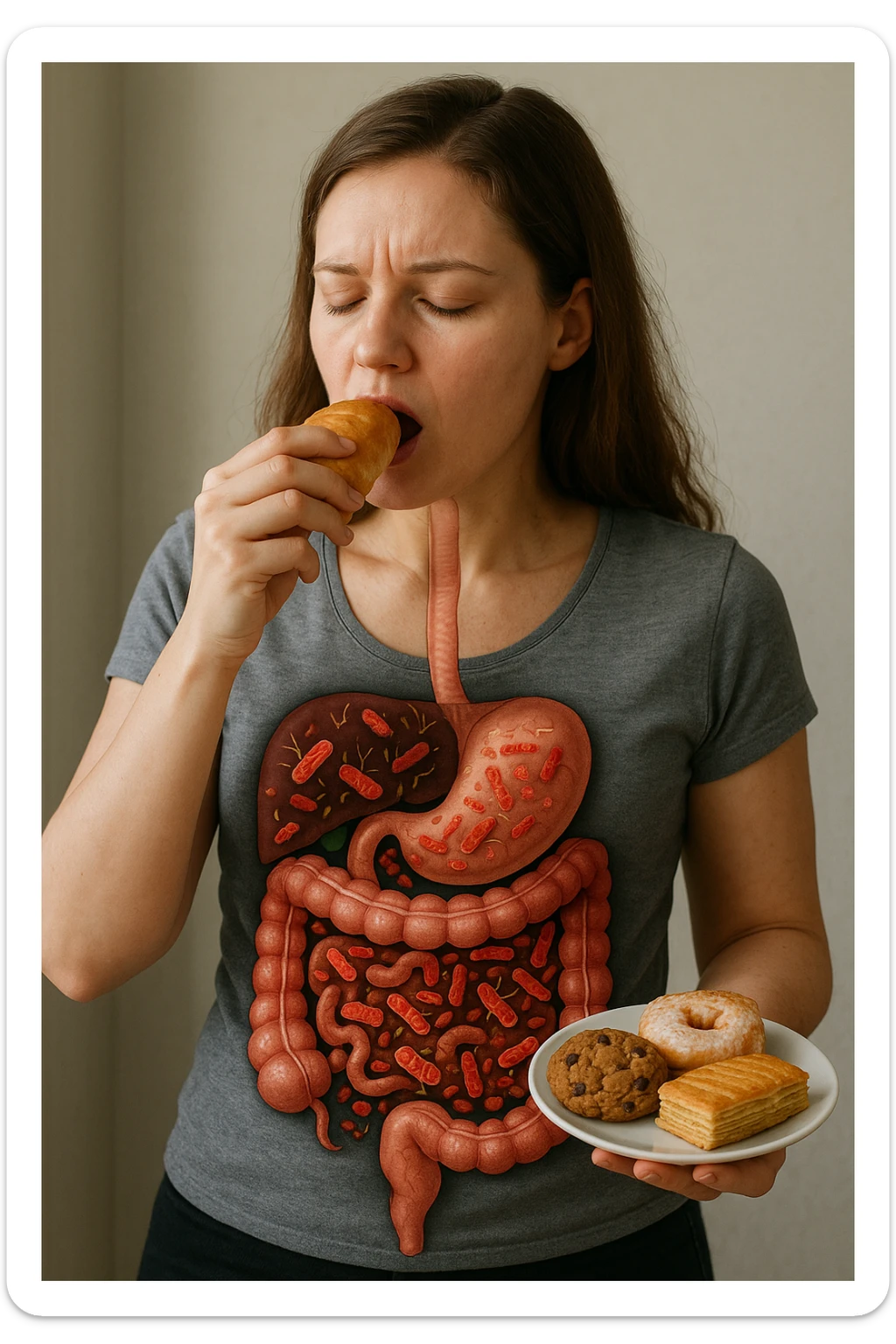 donna con batteri cattivi pieni nel suo intestino immagini realistiche mangia alimentazione ricca di glutine e zuccheri alimentando tutti i batteri cattivi sticker