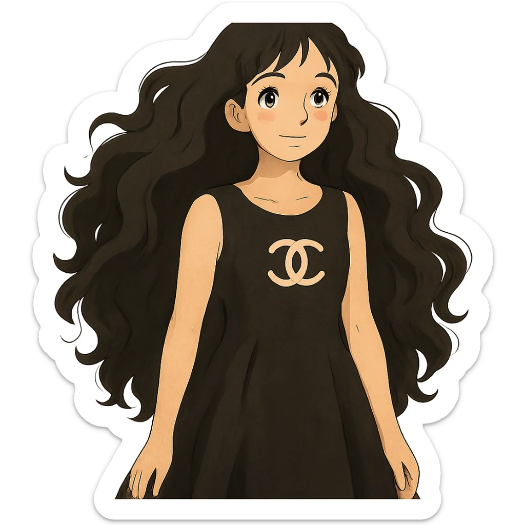 light skin girl with very long black curly hair, brown eyes, black Chanel dress sticker