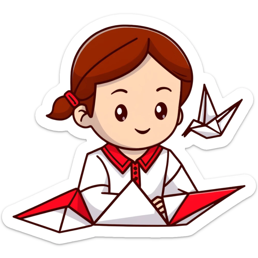 A happy Ukrainian young girl with brown hair in a white embroidered shirt makes an origami red crane craft sticker