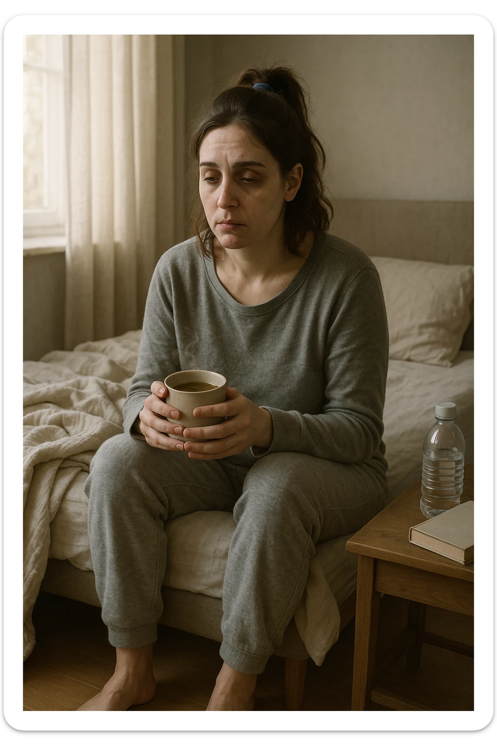 A realistic, cinematic illustration of a woman in her early 30s with a tired, pale appearance, sitting on the edge of her bed in a softly lit bedroom during the morning, looking exhausted and drained. Her posture is slightly slouched, and dark circles are visible under her eyes. She wears comfortable loungewear, holding a warm cup of herbal tea in her hands, seeking comfort. The scene includes a cozy yet slightly messy room with a blanket, a water bottle, and a book on the nightstand, emphasizing chronic fatigue. Soft natural light comes through the window, highlighting her expression of persistent tiredness despite rest, capturing the invisible struggle of chronic fatigue syndrome while maintaining dignity and a gentle aesthetic. sticker