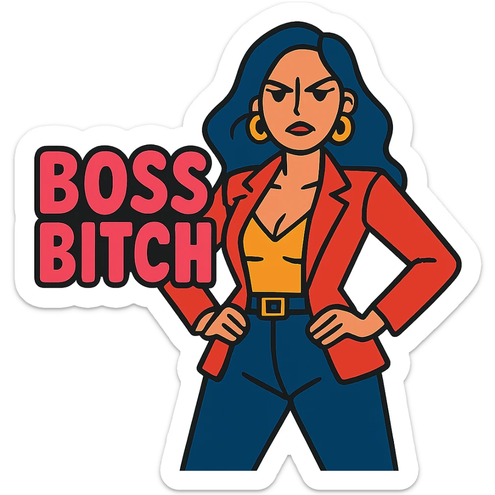 stern, sexy woman in a power pose with bold text 'Boss Bitch' in vibrant toon style sticker