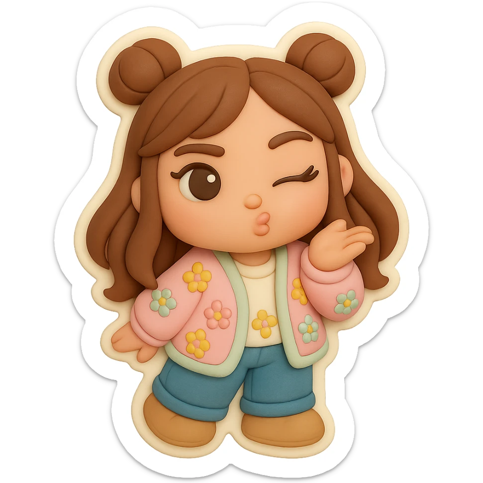 3D chibi fondant cake art style, high-quality rendering with smooth shadows and soft gradients. Girl based on reference image with preserved facial features and eye shape, long brown hair in two space buns, brown eyes, jeans, pastel floral cardigan, shoes, thick white outline like a sticker, transparent background. Blowing a kiss and winking. Ensure the face, hairstyle, eye shape, and shoes match the reference exactly. sticker