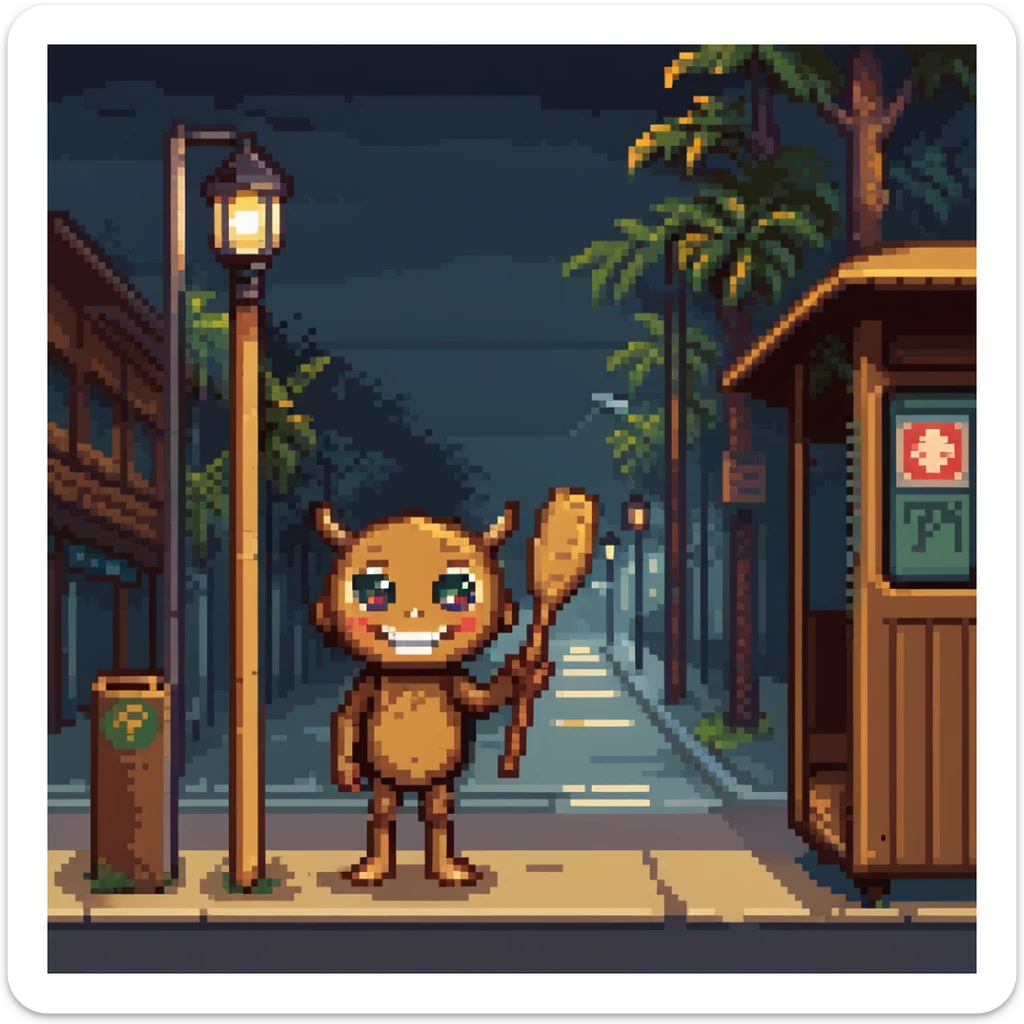 humanoid wooden club with big cartoon eyes and wide smile, barefoot, standing at a dark street bus stop under dim streetlight, holding a bat, background sign 'Pentung Pos Ronda' sticker