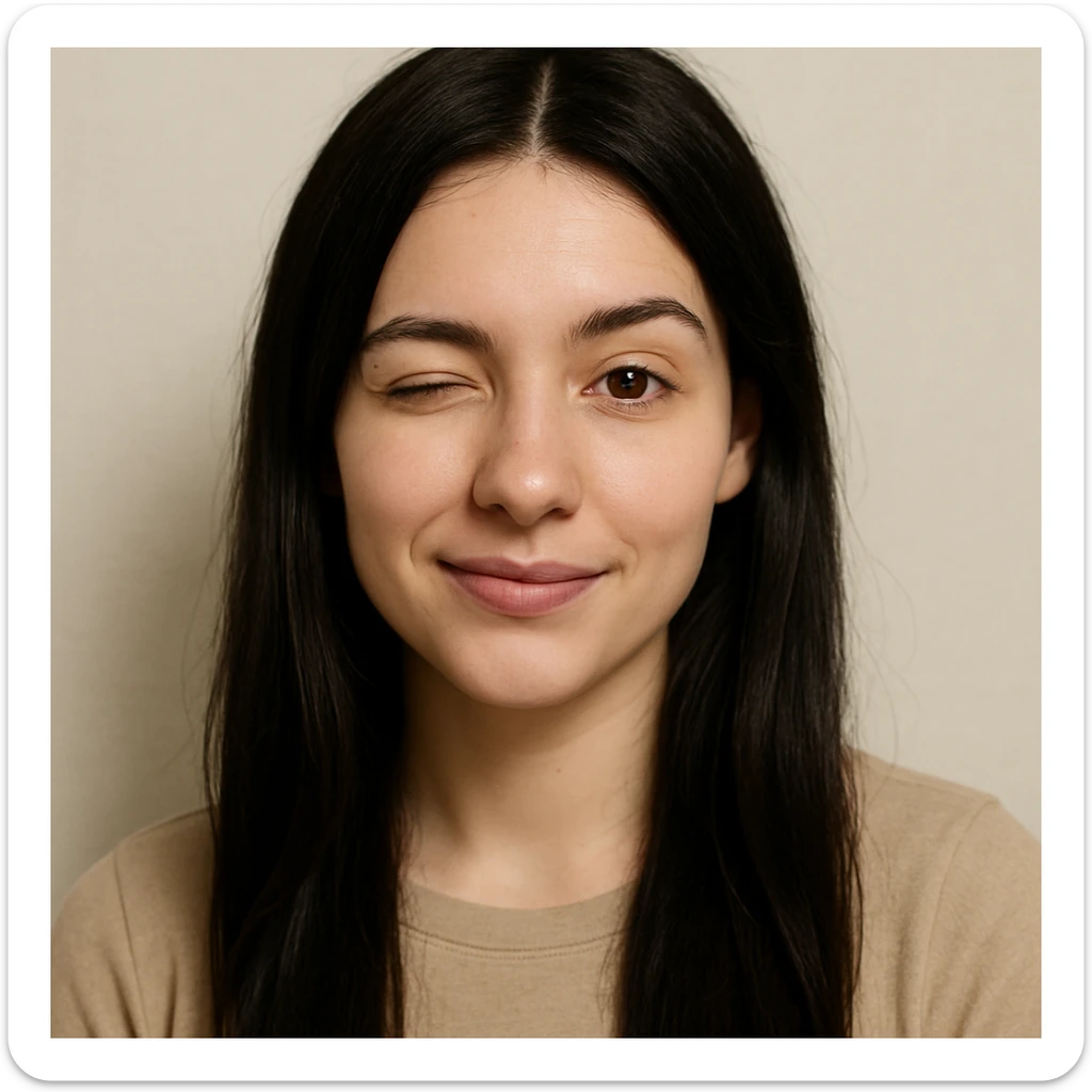 white girl with black long hair and brown eyes, winking, simple background sticker