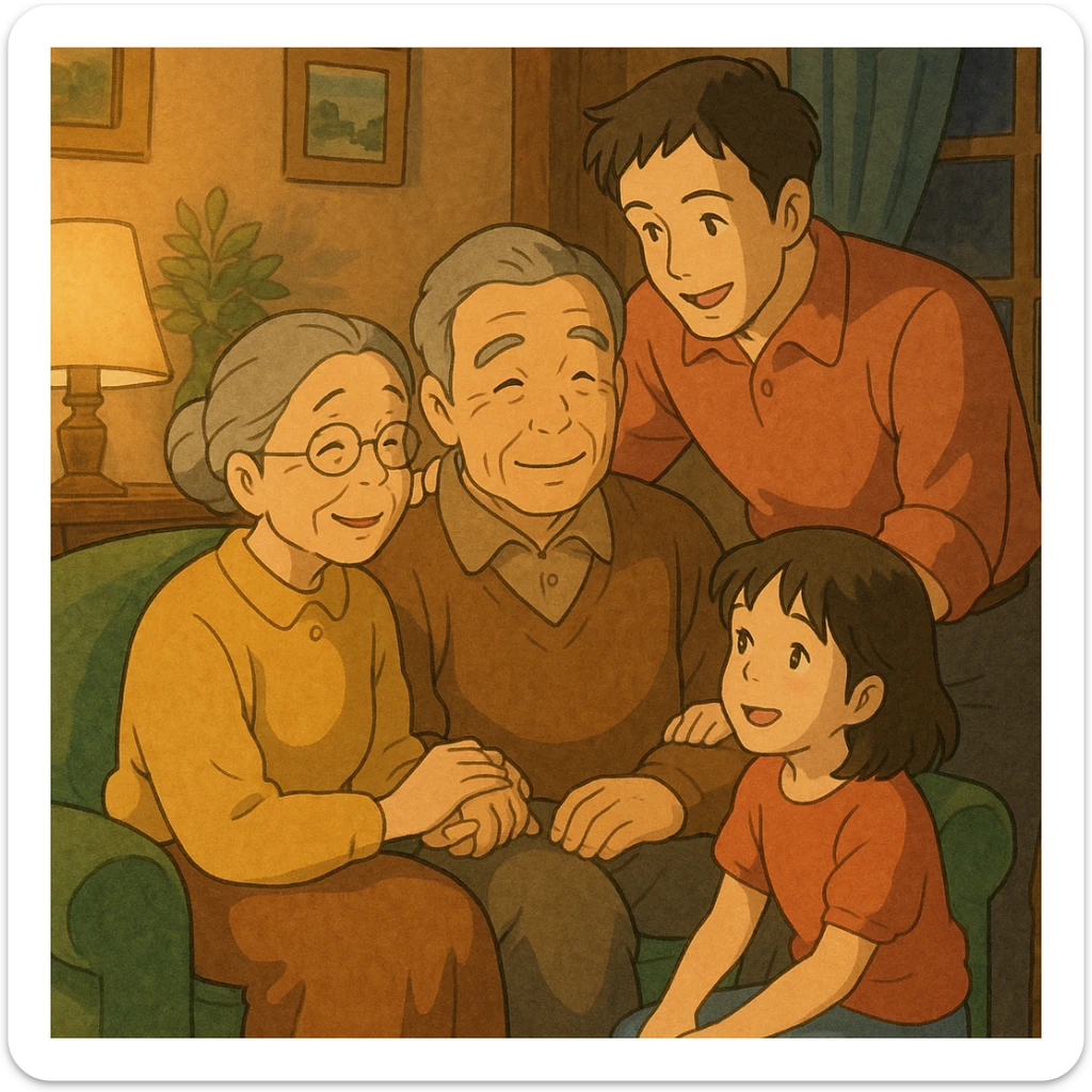 ghibli style scene of a family together, warm and caring atmosphere, filial piety sticker