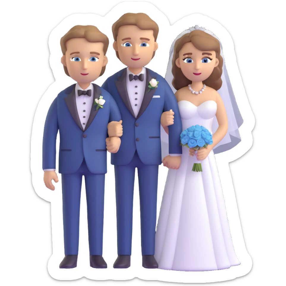 portrait of a bride with light brown hair and grey-blue eyes, and a groom with blonde hair, blue eyes, wearing a brown suit sticker