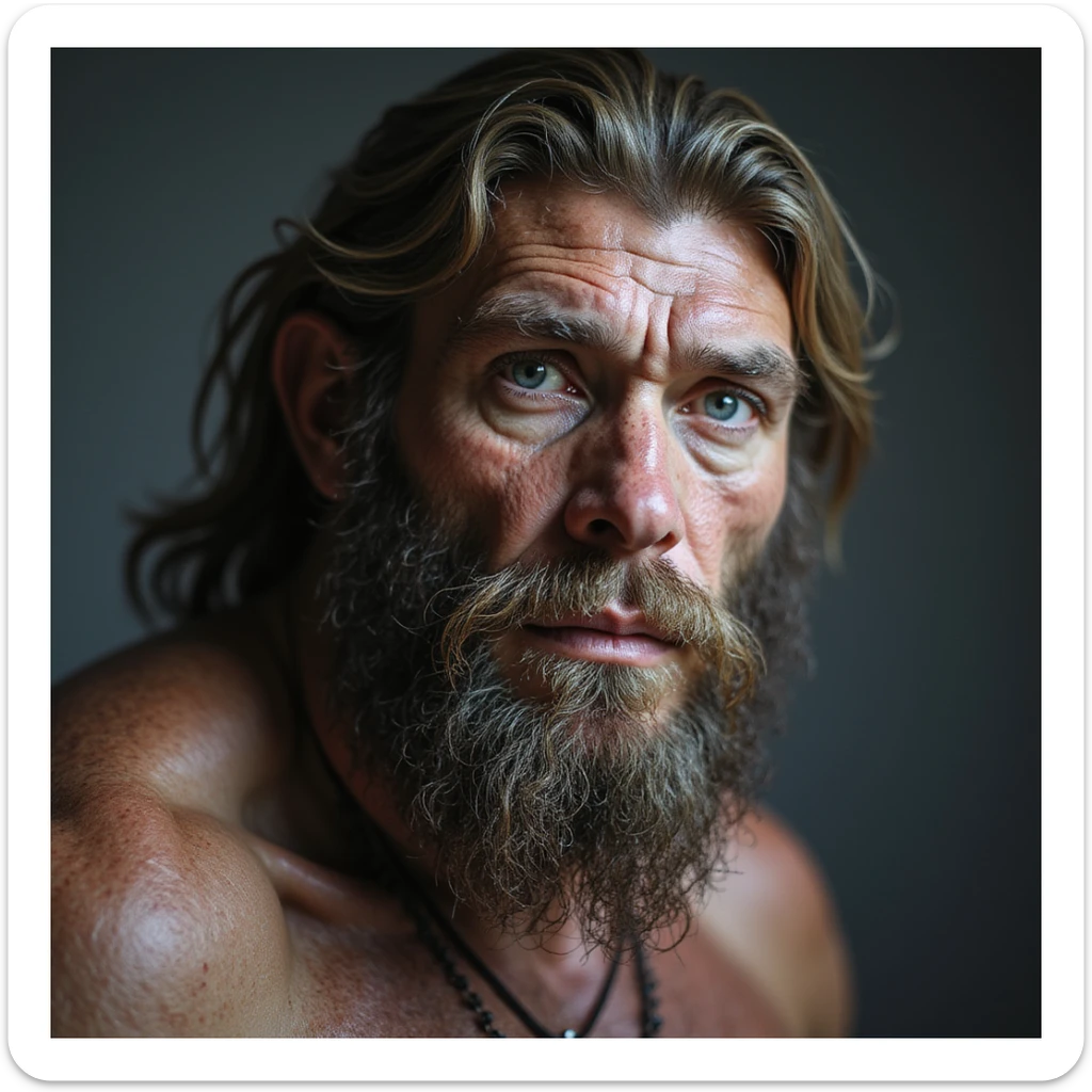 a bearded Neanderthal man with blue eyes, realistic style, detailed, lifelike sticker