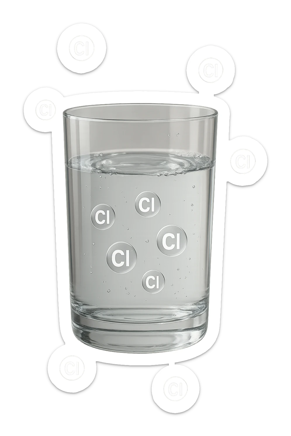 un bicchiere di acqua realistico e dettagliato fluttua in aria, dentro l'acqua del bicchiere ci sono particelle di cloro ben visibili con la scritta "Cl" sopra, ci sono particelle anche che escono dal bicchiere e fluttuano in aria verticalmente, mentre alcune sono all'interno dell'acqua nel bicchiere, iperrealistico 4k sticker
