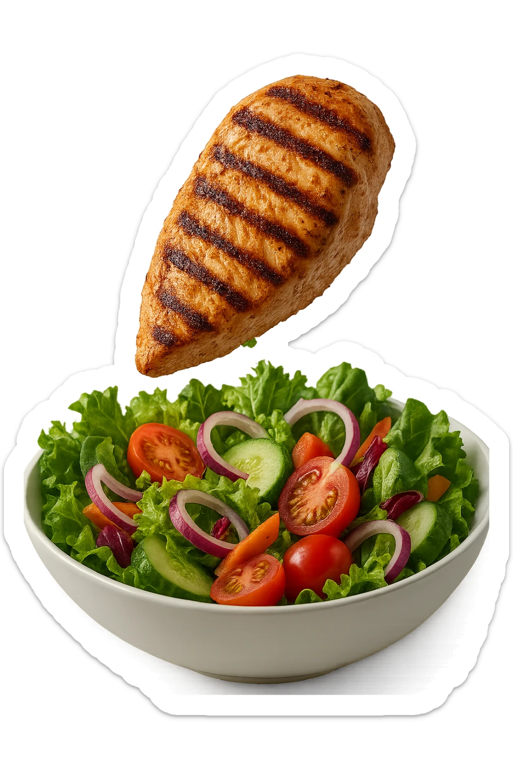 INSALATA CON PETTO DI POLLO GRIGLIATO CHE CADE DALL'ALTO, IPERREALISTICO 4K sticker