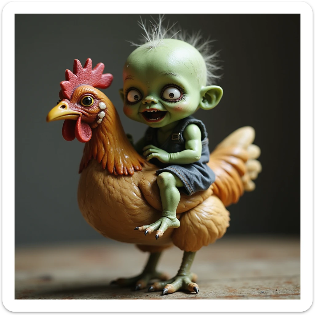 a realistic green baby zombie riding a chicken, lifelike, expressive, dynamic pose sticker