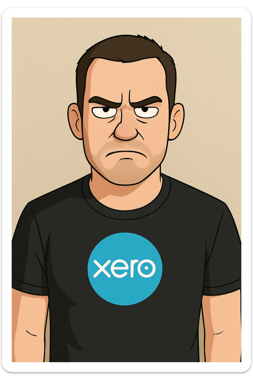 Create a cartoon style image of a man with short brown hair, wearing a black Xero t-shirt, with a not amused expression. Use a simple background. sticker
