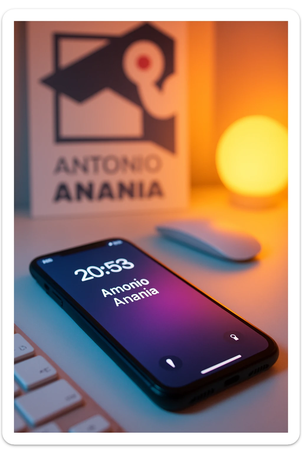 A photo of an iPhone on the desk with the message "Antonio Anania" on its screen, The phone sits atop a desk with a blurred with the logo in the background that suggests work environment. A faint glow from above casts gentle shadows across the surface of each object, creating depth and highlighting their textures sticker
