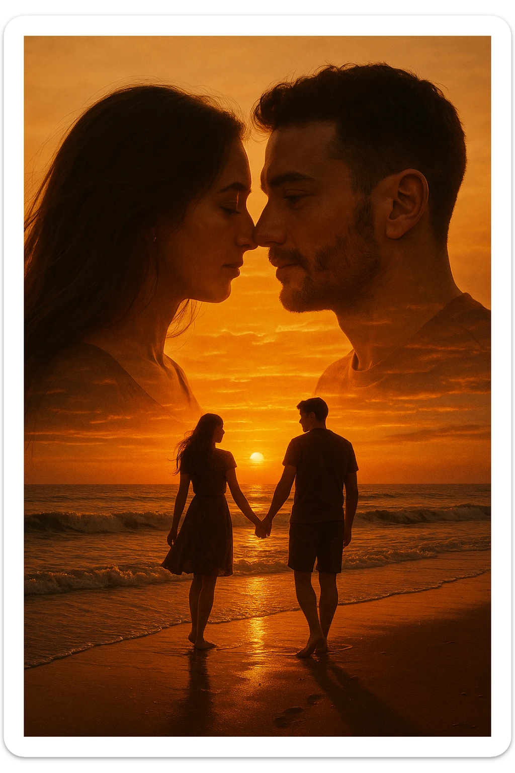 Una doppia esposizione cinematografica di noi di profilo, con un paesaggio di spiaggia al tramonto integrato nella silhouette.
La scena interna ci mostra entrambi camminare sulla sabbia bagnata, tenendoci per mano, con le onde del mare che si infrangono è facile e un cielo colorato dagli ultimi raggi di sole. Atmosfera calda e intima, toni dorati arancioni, dettagli fini ed espressivi, risoluzione 8K. sticker