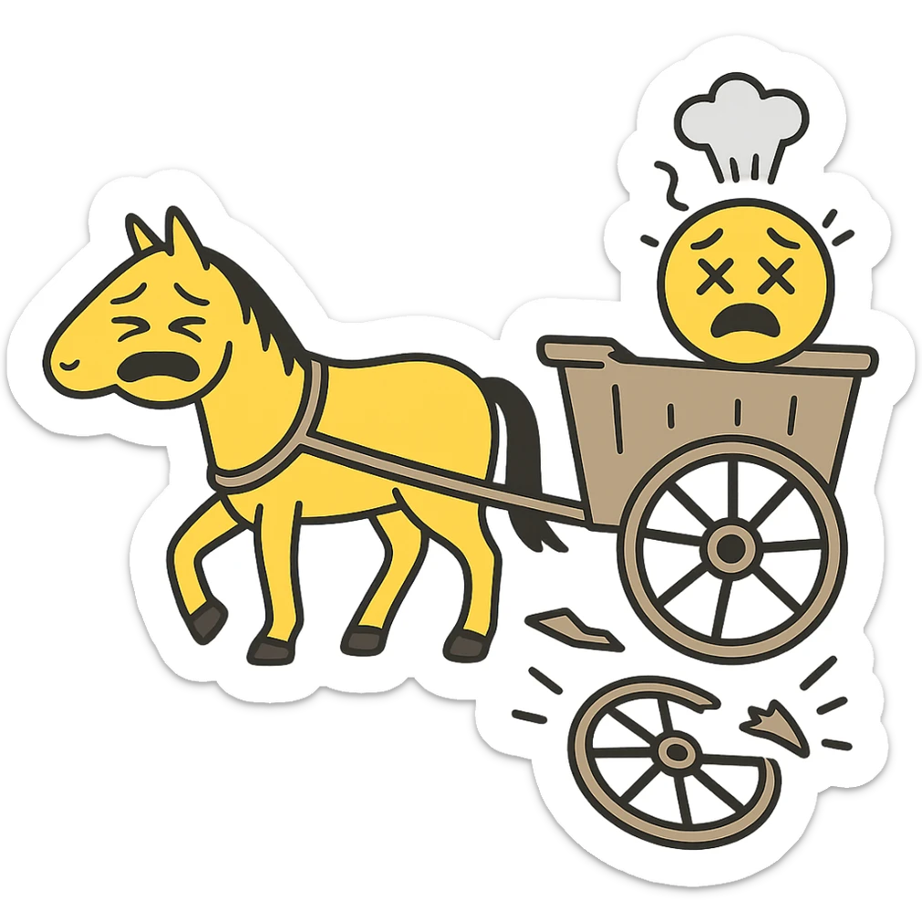 Make the horse cart look broken and add funny, exaggerated emoji expressions to the horse and cart. Keep the style consistent. The style is emoji style. Keep the background transparent. sticker