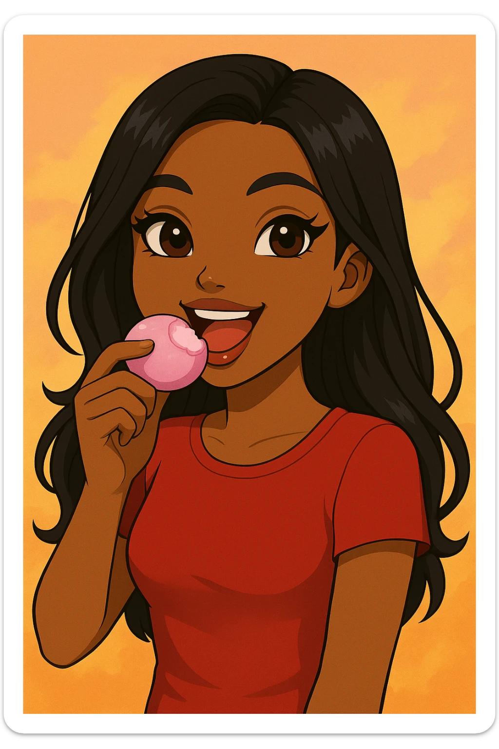 Change the pose to eating pink mochi ice cream, headshot only, 20-year-old anime Bratz style woman with dark skin, straight hair, brown eyes, red shirt, trendy outfit, glossy lips, no hat, no tears, happy expression, both eyes open, looking straight ahead. sticker