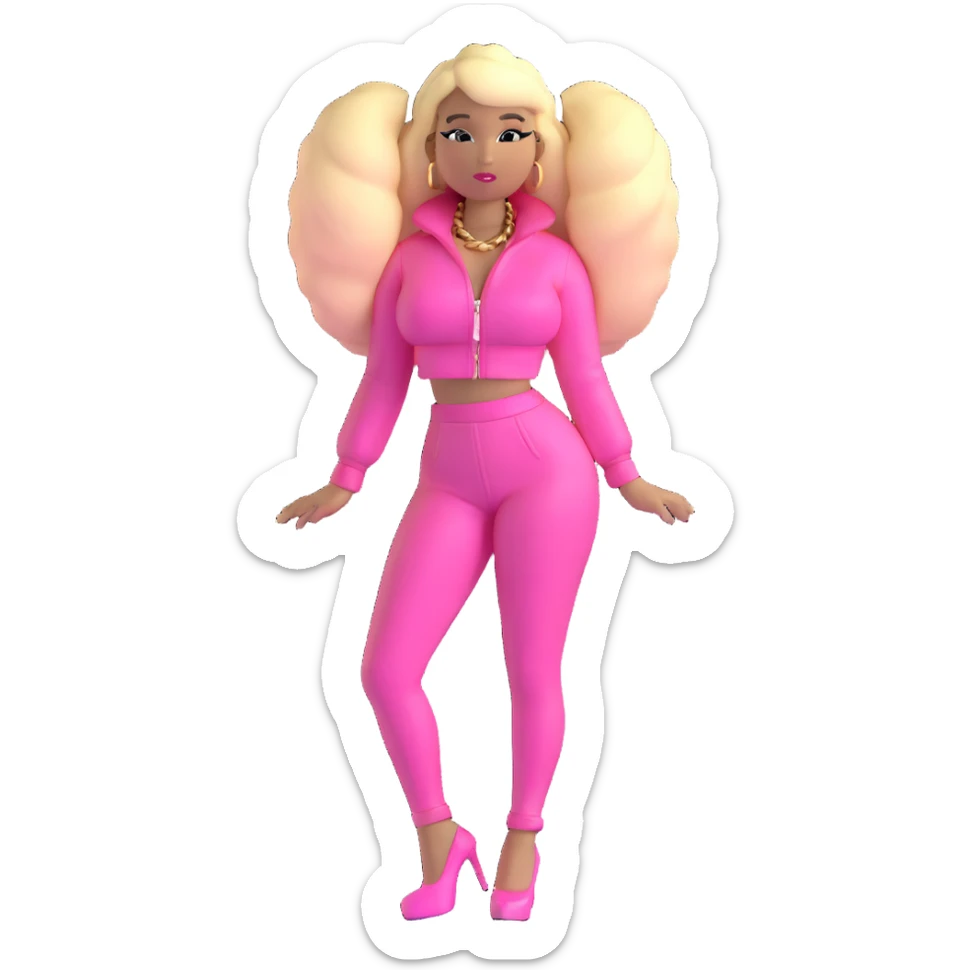 Nicki Minaj wearing a pink outfit with hair that is half blonde and half pink sticker