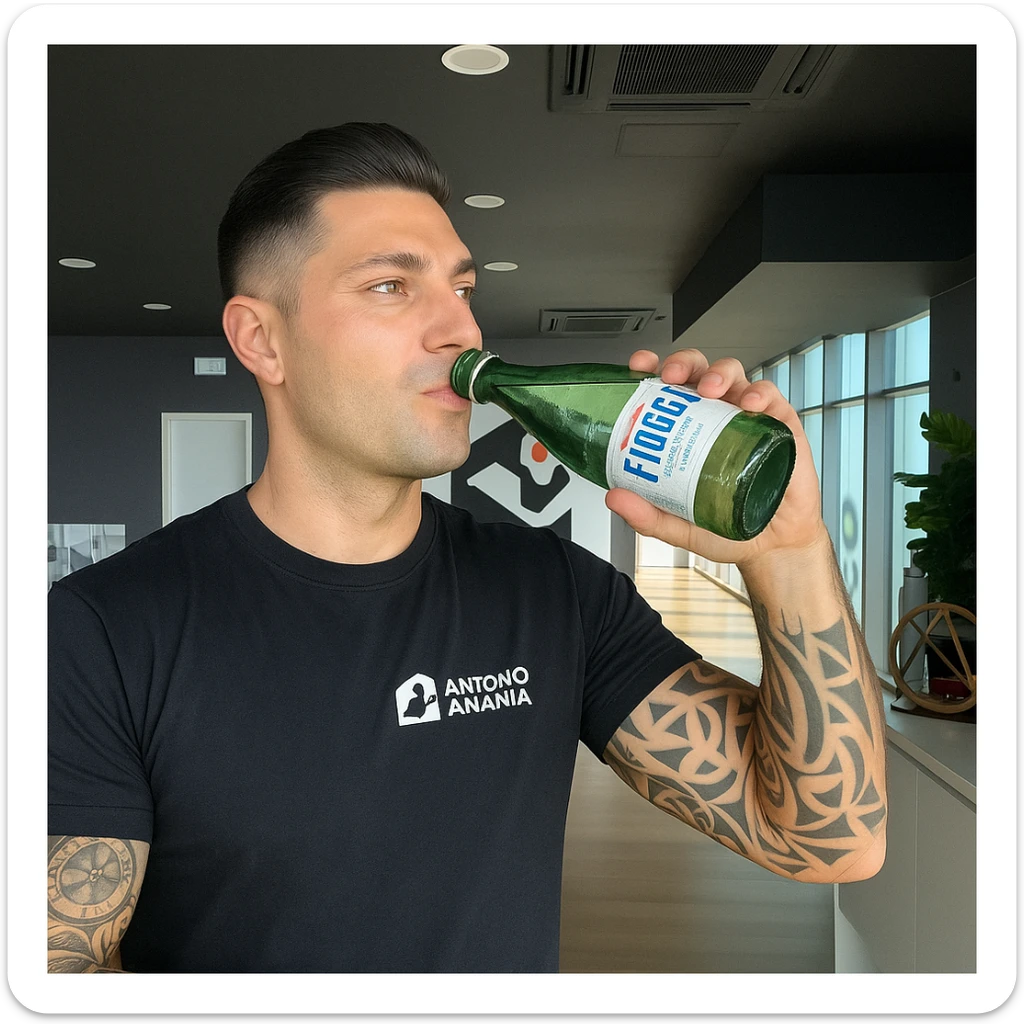 Realistic man drinking a bottle of Fiuggi water in glass, inspired by the provided photo. The bottle should be clearly glass and recognizable as Fiuggi water. Positive atmosphere, realistic style. sticker