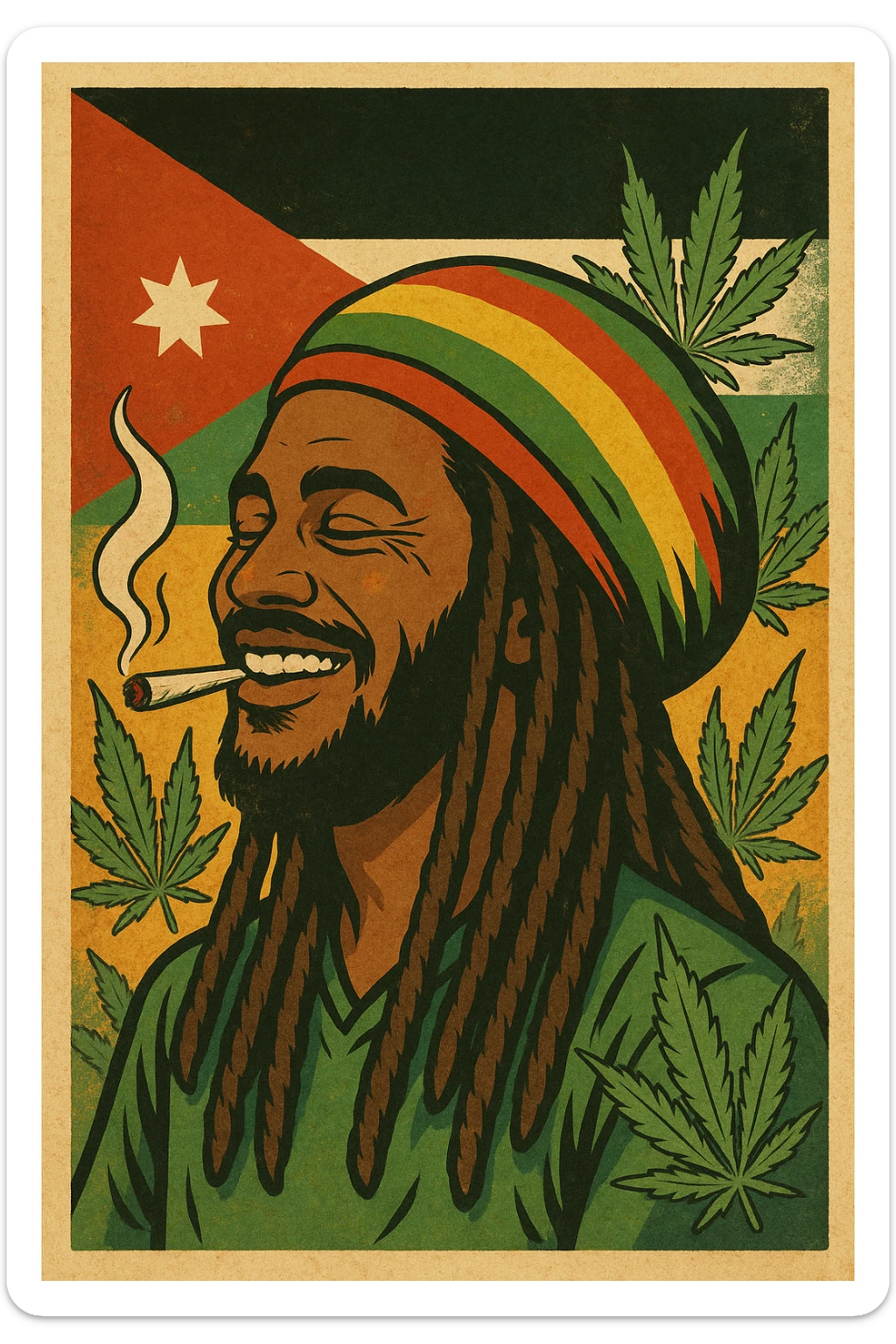 A digital vintage-style poster illustration of a Jordanian Rasta man with dreadlocks, wearing a red, yellow, green striped tam hat. He is smiling peacefully with a lit herbal spliff in his mouth. The background features the official Jordan flag — black, white, green horizontal stripes with a red triangle and a white 7-point star — accurately displayed behind him. Cannabis leaves are tastefully arranged around the composition, and the poster includes Rasta color textures blended with the Jordanian palette. Use a retro poster style with warm, slightly aged textures, bold outlines, and soft shading to evoke a soulful reggae vibe that honors both Jordanian pride and Rasta spirit. The mood is chill, powerful, and respectful sticker