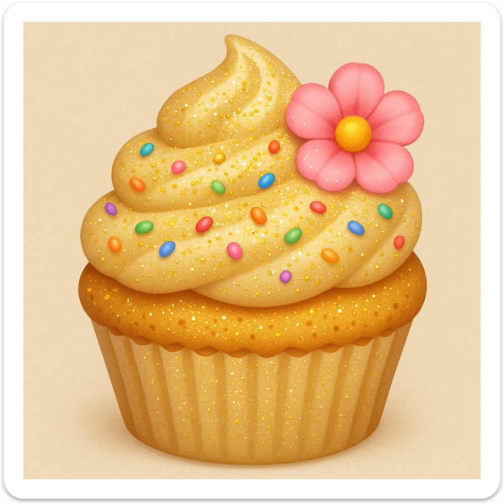 Add edible glitter and a small pink flower to the cupcake with beige frosting and rainbow sprinkles in emoji style. sticker