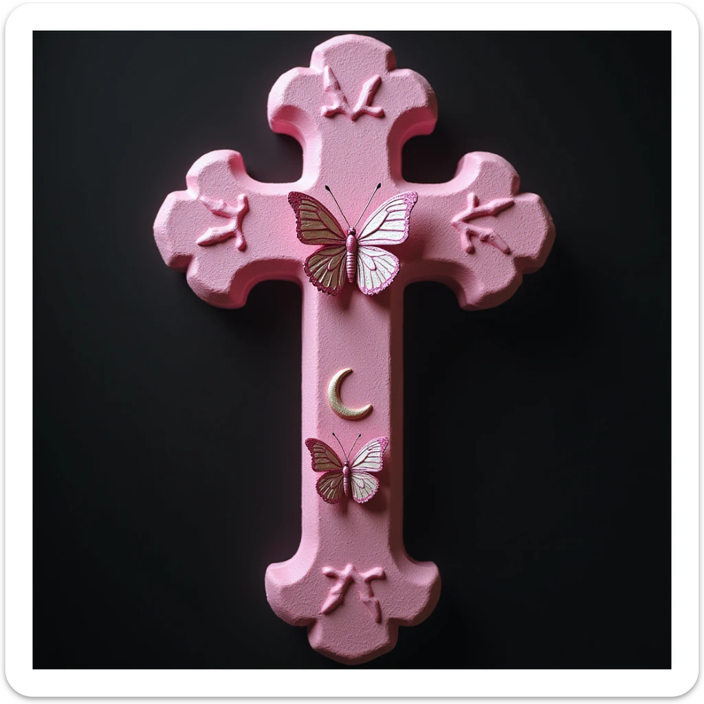 realistic gothic cross, pink with butterfly accents and a crescent moon, photorealistic style, no background sticker